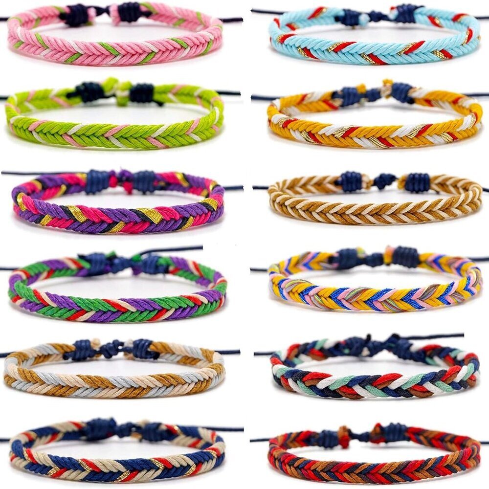 12 PCS Friendship Bracelet Hand-Woven Cotton and Linen Bracelet Adjustable Size